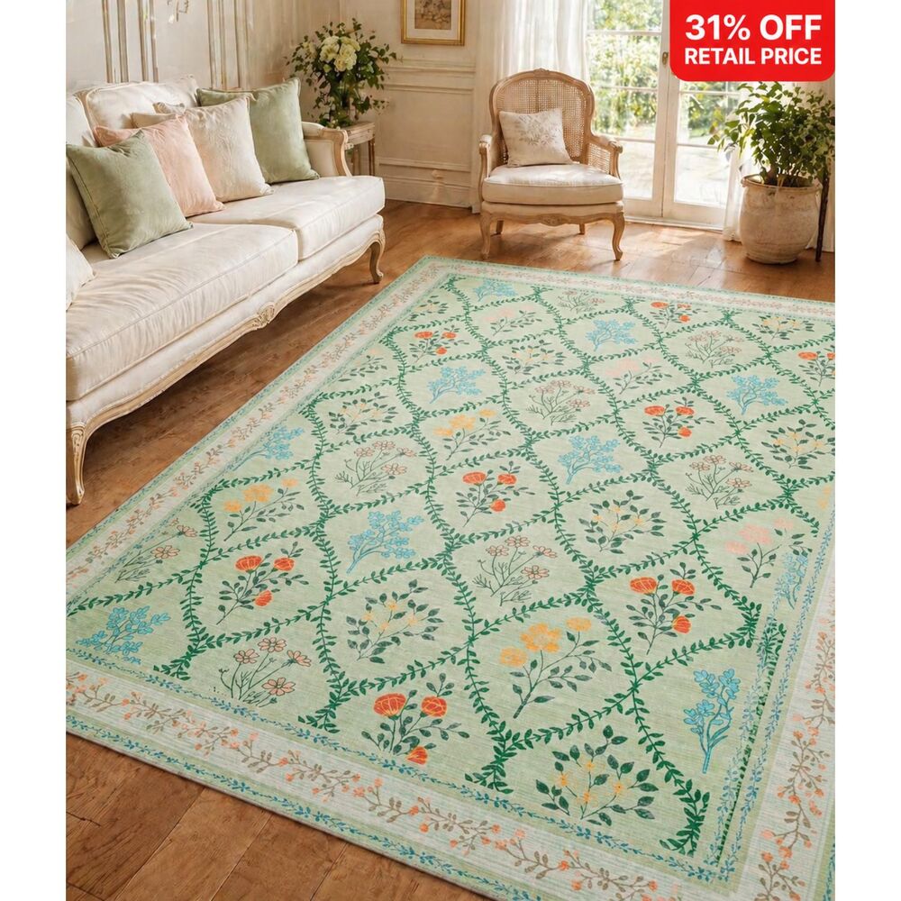 Brand New YIHOUSE Washable Floral Area Rug – Green Multi, 8' × 10'